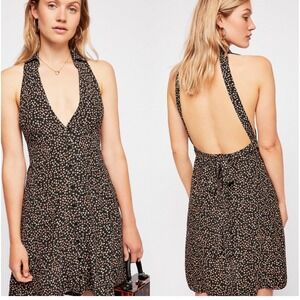 Free People C'est La Vie Mini Dress Floral Halter Open Back Tie‎ Womens Size L